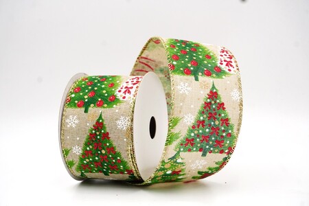 Nastro con filo beige glitterato con alberi di Natale_KW0443G-14